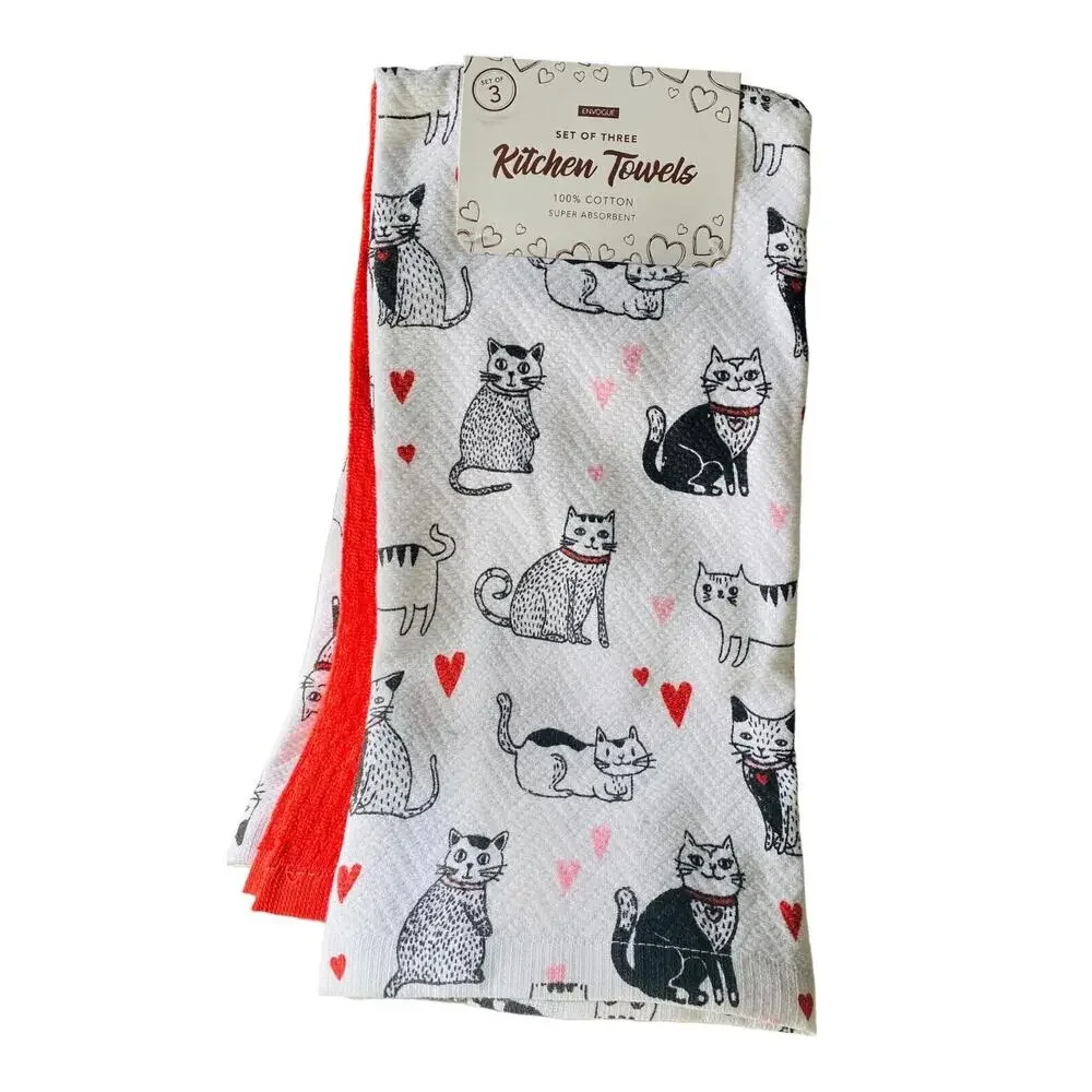 NWT Valentine Black & White Kitten Cats Cat Lover and Hearts 3 Kitchen Towel Set
